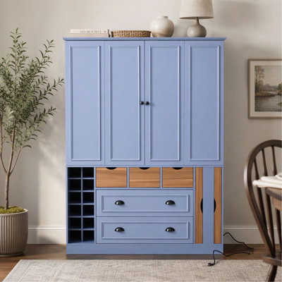 53.2 Inch Large Farmhouse Kitchen Pantry with 4 Foldable Doors, Power Outlet, Shelves, Wine Racks and Serving Trays for Dining Room