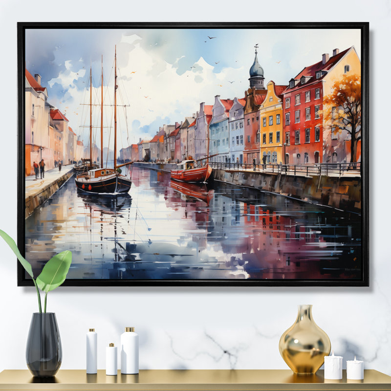 «Danemark Canal Promenade I», reproduction sur toile, H 34 po x l 44 po x P 1,5 po, Cadre flottant noir