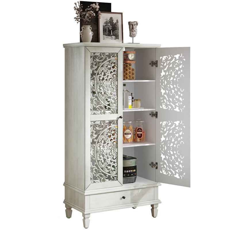 Anadia 55'' Tall Accent Cabinet with Openwork Carving Door and Solid Wood Legs Storage 2-Door Carved Wood Buffet Cabinet With Drawer