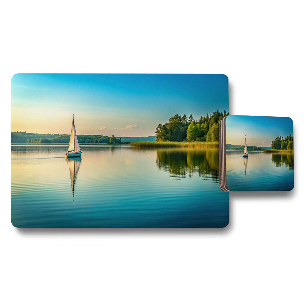 Lake Scene Sailboat Placemat And Coaster Set With Serene Water Reflection