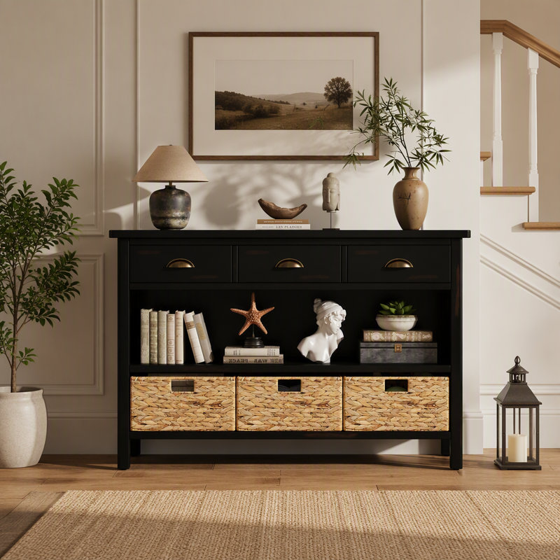 Retro Console Table with 3 Drawers and Woven Baskets, Wooden Accent Sofa Table for Entryway and Living Room