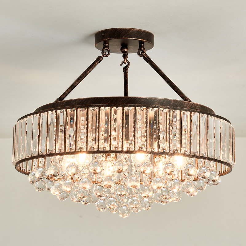 Plafonnier semi-encastré cylindrique 6 lumières 22,05 po de style lustre avec accents de cristal, Bronze