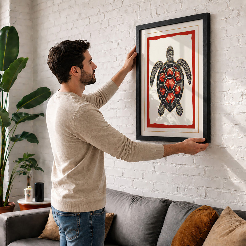 Ornamental Sea Turtle Coastal - Framed Print, A2 - 59.4 x 42.0 cm, Walnut