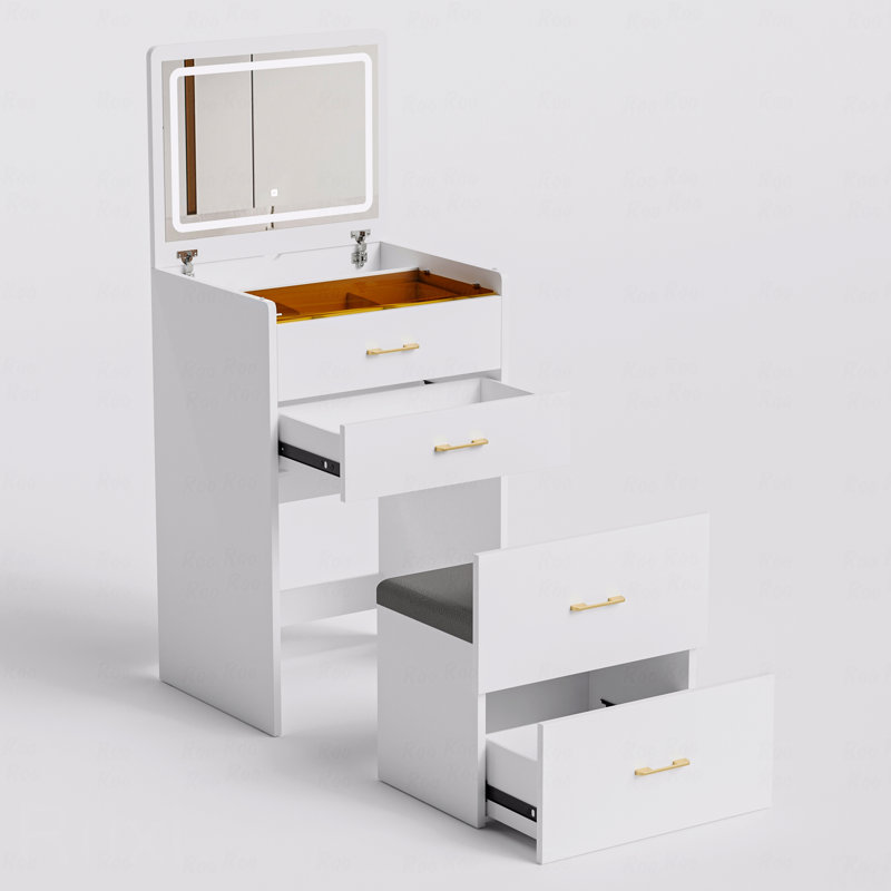 Coiffeuse (coiffeuse de maquillage) - bureau de coiffeuse 3 en 1 (miroir de maquillage) avec miroir à plateau ouvert, coiffeuse de maquillage avec bureau en verre visible, coiffeuse de maquillage compacte avec 3 tiroirs et tabouret, pour la chambre à coucher