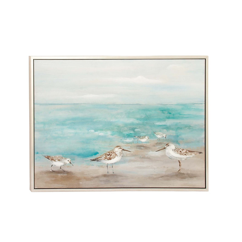 White and Blue Coastal Bird Canvas Framed Wall Art