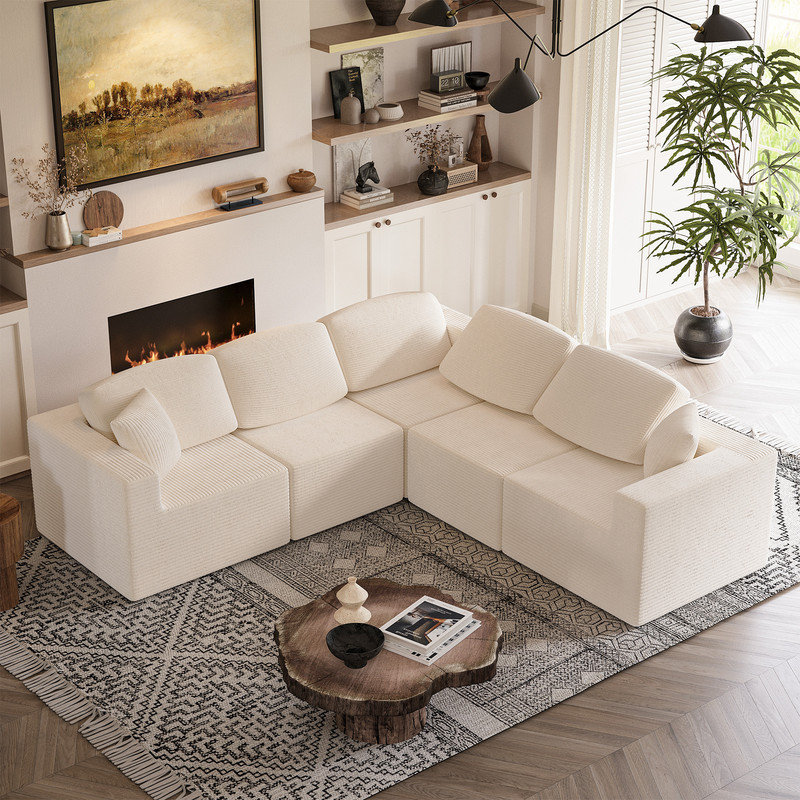 U-Shaped Modular Sectional Sofa, Cloud L-Shaped Sectional Couch with Deep Seat for Living Room Bedroom, Beige Corduroy