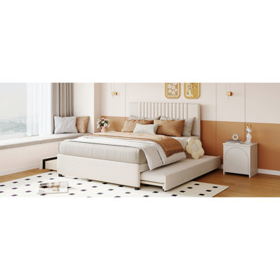 Full Upholstered Platform Bed With 2 Drawers And Trundle, Beige, Classic Headboard, Robust Plywood Construction, Maximize Space In Bedroom, Convenient To Assemble Size Drawer & , Bedroom Space,