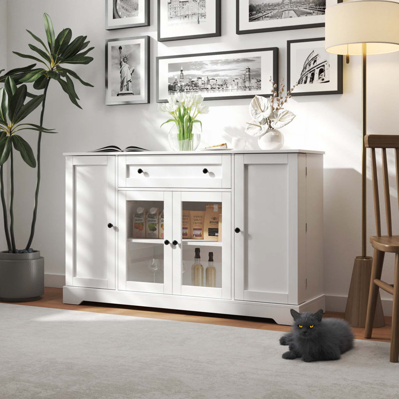 Buffet Cabinet with Storage, Modern Sideboard Buffet with Doors, Wood Coffee Bar Kitchen Storage Cabinet with Drawer and Adjustable Shelf