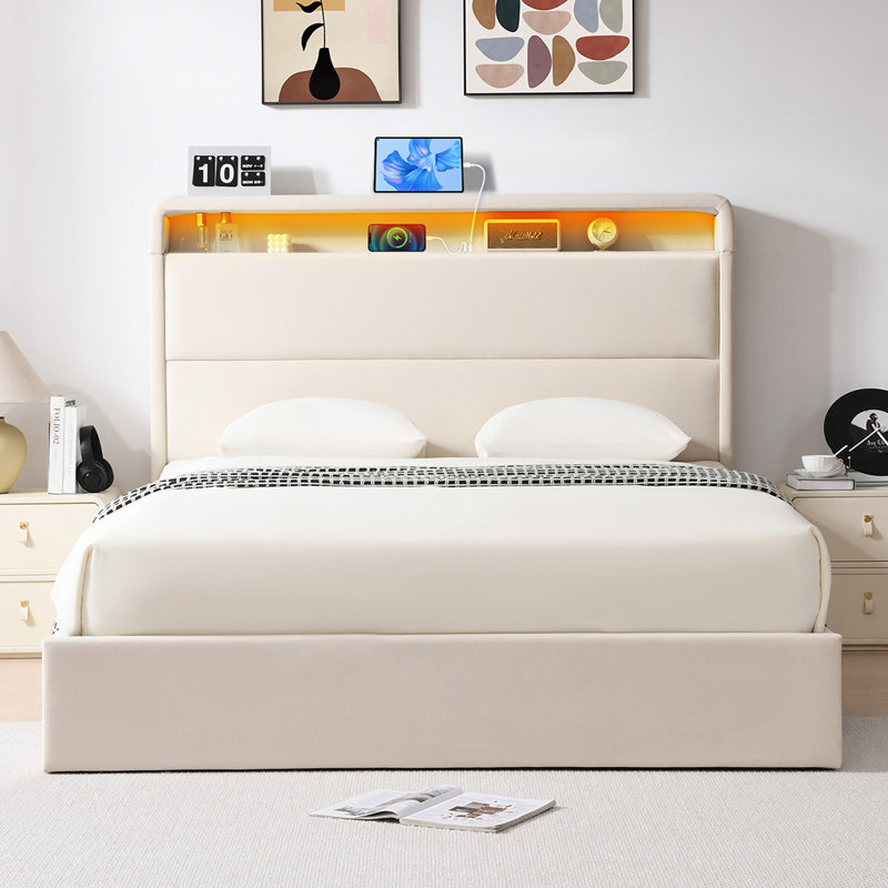 Lit plateforme tapissier avec rangement Braya, Double, White
