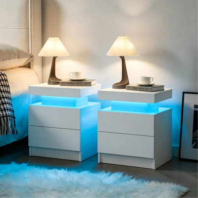 LED Nightstands Set of 2, Bedside Table Cabinet Lights Modern End Side with 2 Drawers for Bedroom
