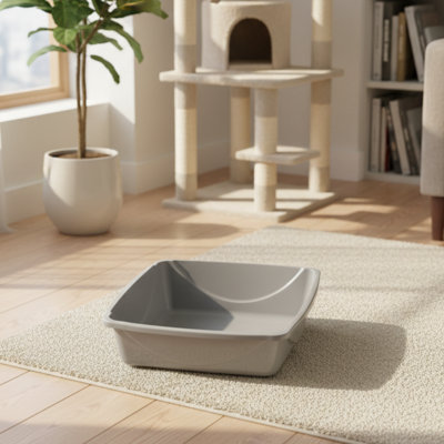 Open-Top Large Cat Litter Box, Non-Stick Durable, Gray Standard Size, Fits Small & Large Cats, Hassle-Free Cleaning