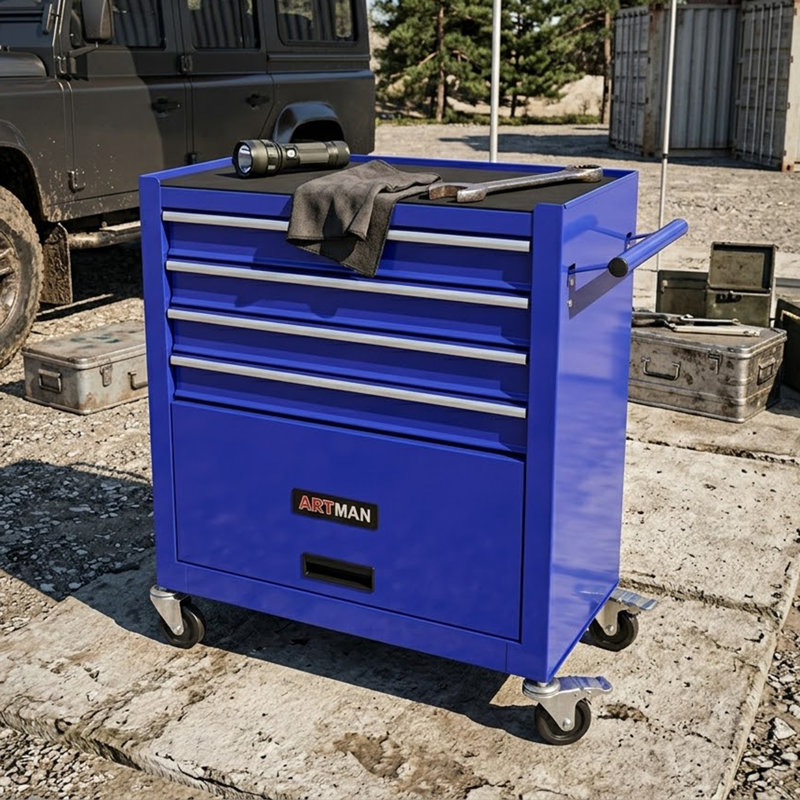 Commode rabattable en acier à 4 tiroirs avec roulettes de 24,41 po pour usage domestique et commercial, Bleu