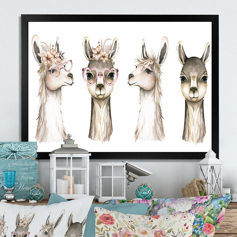 Dessin de jolie tête de lama pour enfants II - reproduction de photo sur toile, Toile avec cadre noir