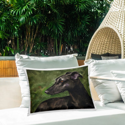 Coussin d'extérieur noir imprimé lévrier, par George Dyachenko, 14 x 7 x 20