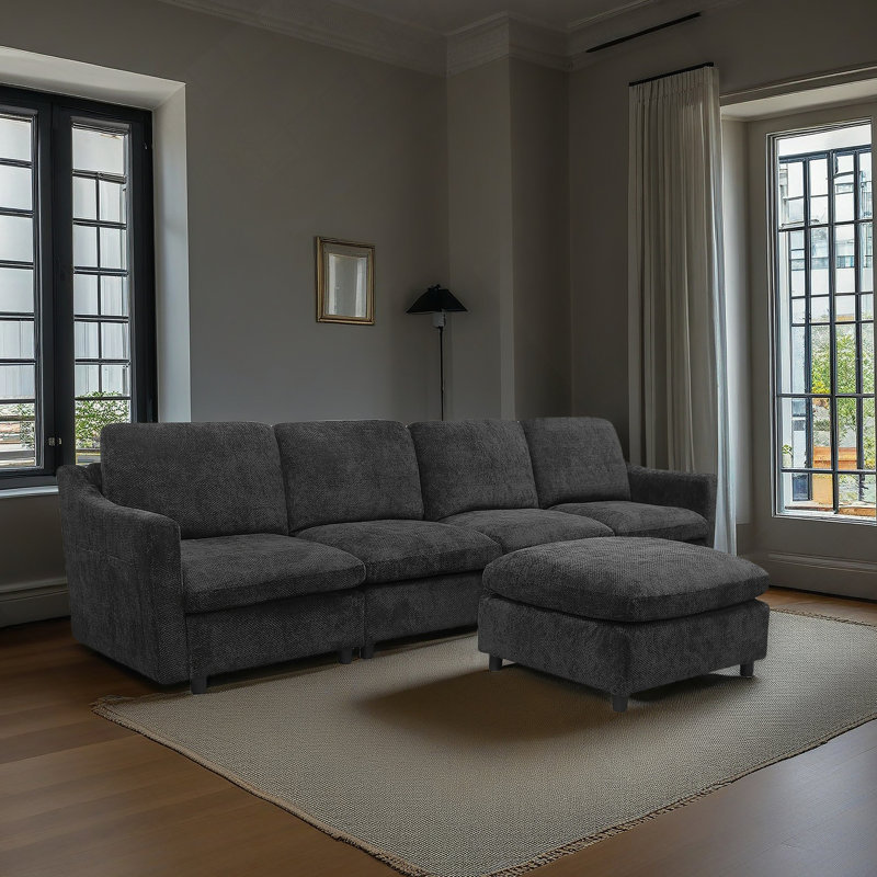 Canapé modulaire minimaliste en tissu avec repose-pieds et poches d'accoudoirs pour divers espaces, Noir, noir, noir, noir