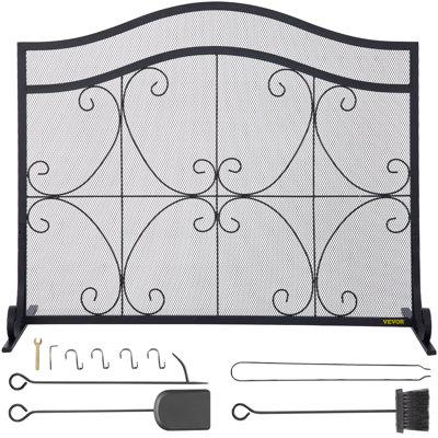 Fireplace Screen, 38 x 26.5 Inch,Heavy Duty Iron Freestanding Spark Guard with Support, Metal Mesh Craft, Broom Tong Shovel Poker Included for Fireplace Decoration and Protection, Black