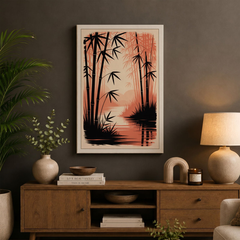 Bamboo at Dusk Japandi - Wrapped Canvas, 36x24 - 91.4 x 61.0 cm, Terracotta Border