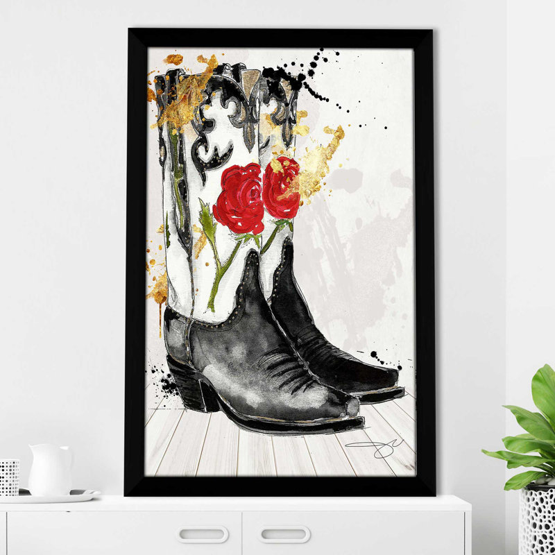 Western Floral bottes (vertical) par By Jodi - impression, H 39,5 po x l 27,5 po x P 0,75 po, Cadre noir