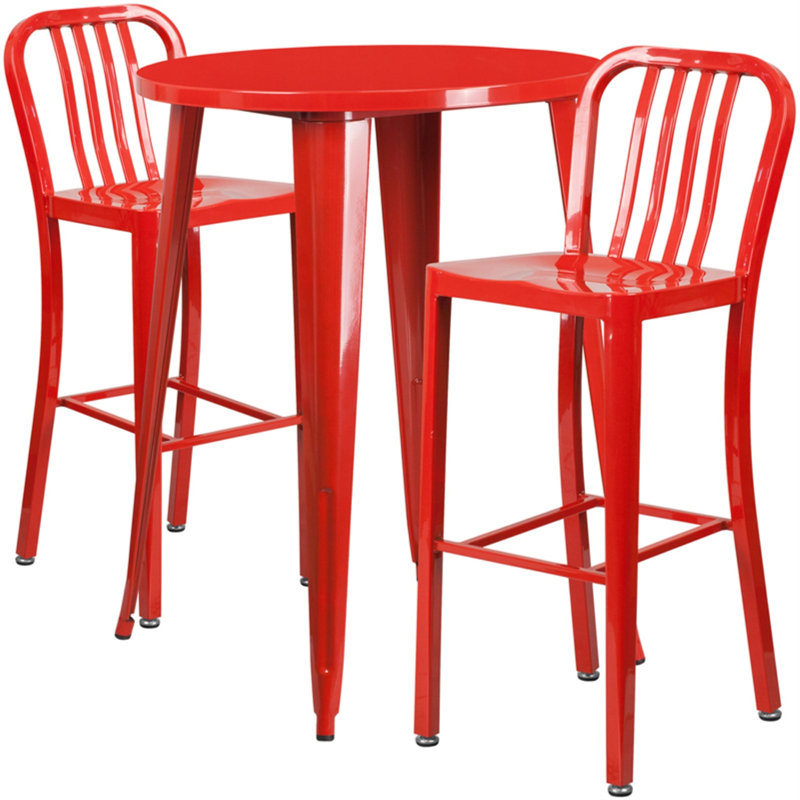 Drumfane 30'' Round Metal Indoor-Outdoor Bar Table Set with 2 Vertical Slat Back Stools, Red, 30'' x 30'' x 41''