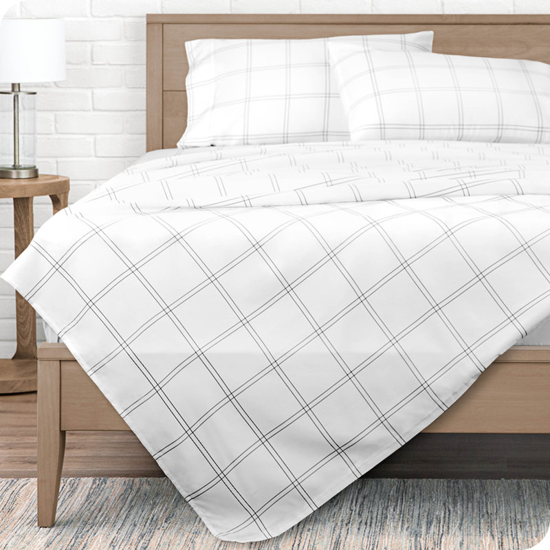 Microfiber Plaid Flat Sheet, Queen Flat Sheet, Dark Gray/White Plaid