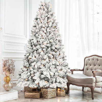 Arbre de Noël floqué de 6 pi avec 350 lumières Ul, 35 pin véritable, pointes enneigées, conception à charnières pour une installation rapide, support en métal robuste - Décoration de Noël naturelle, structure 888, assemblage simple, stable