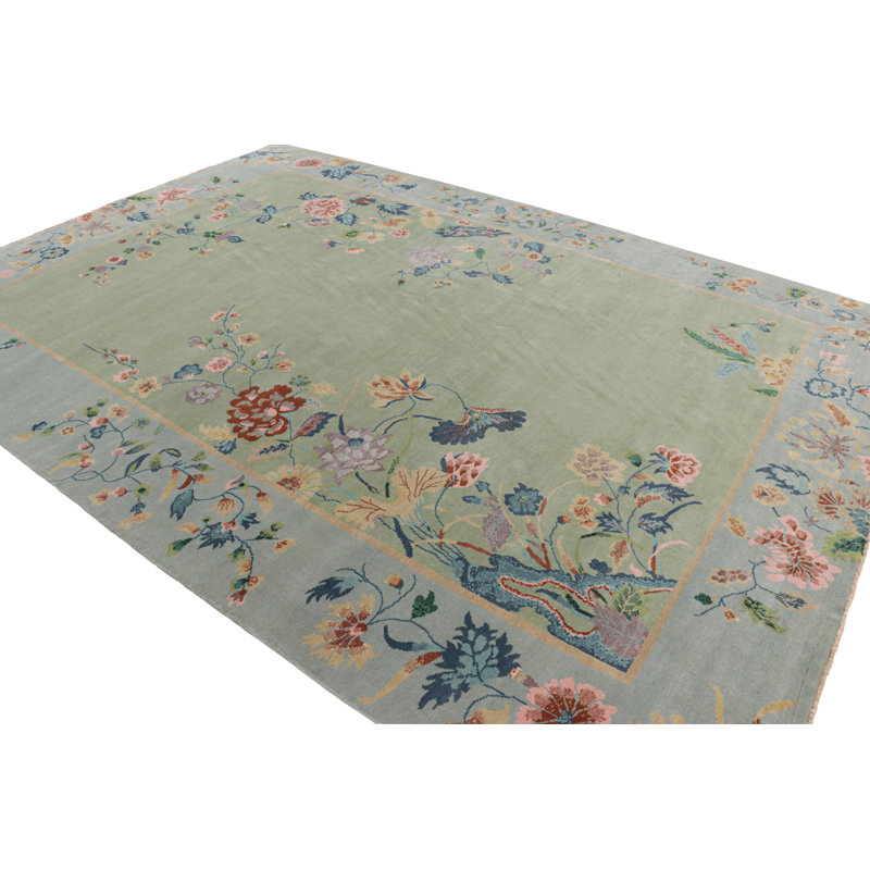 Rug & Kilim’S Chinese Art Deco Floral Rug In Green And Blue, Rectangle 8' x 10'