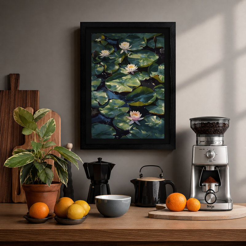 Water Lilies In Bloom Botanical - Print, Black, A3 - 42.0 x 29.7 cm