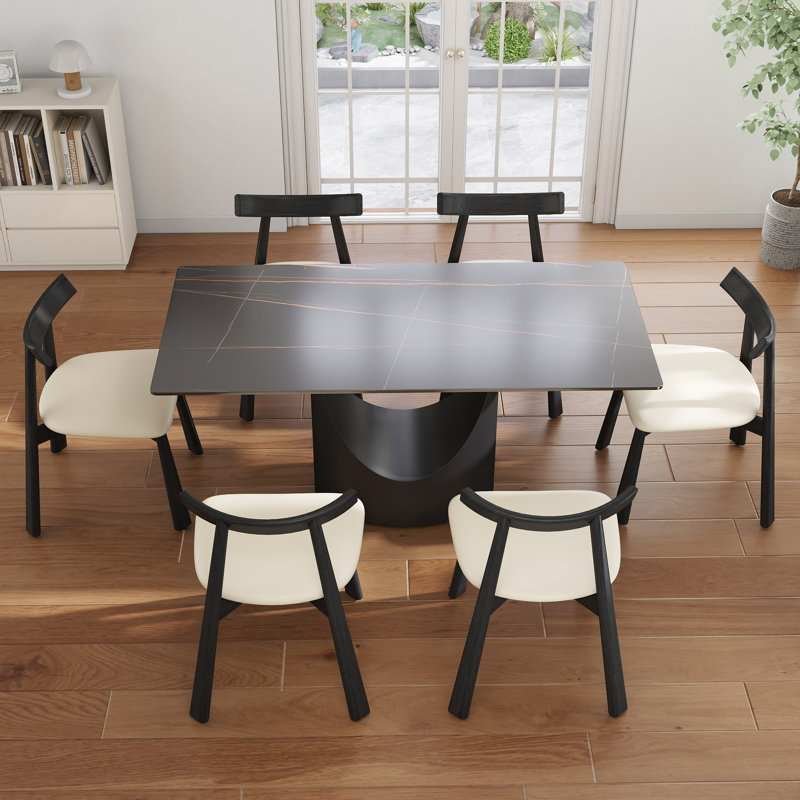 7-Piece Modern Rectangular Sintered Stone Dining Table Set With 6 Faux Leather Chairs, Lauren Blackgold, Beige/Black, Black