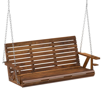 5 FT Wooden Porch Swing 3-Seater with Cupholders, Carbonized