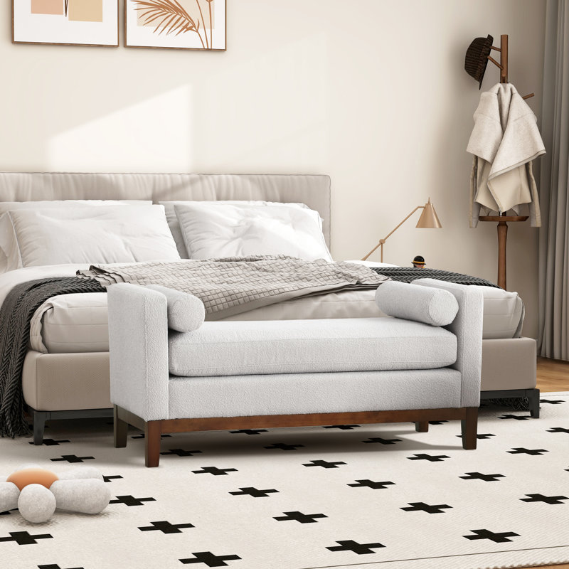 Timsbury Boucle Upholstered Bench, Light Gray/Walnut