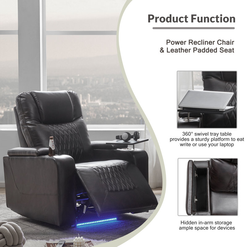  Power Motion Recliner with USB Charging Ports, Hidden Arm Storage, Two Cup Holders, and 360° Swivel Tray Table, Functional Design, Brown