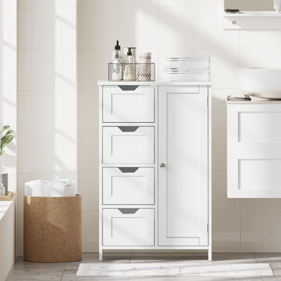 Armoire de rangement de salle de bain avec 4 tiroirs et 1 porte, organisateur en bois autoportant pour les petits espaces, le vestibule et le couloir