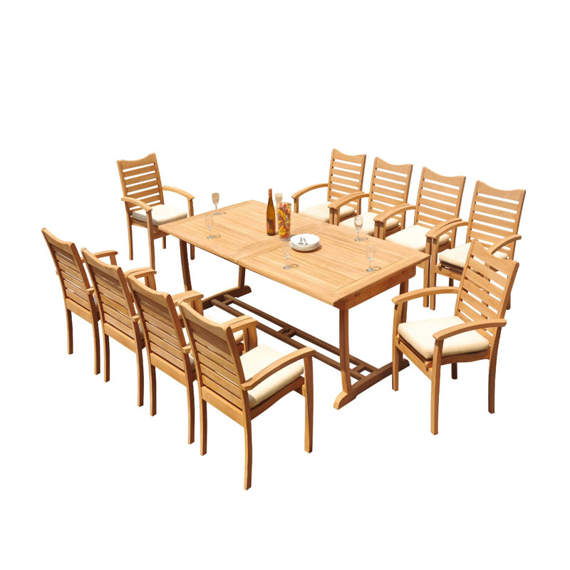 Cincere 10 - Person Teak Wood Patio Dining Set with Rectangular Table, 105" x 40" x 31.5"