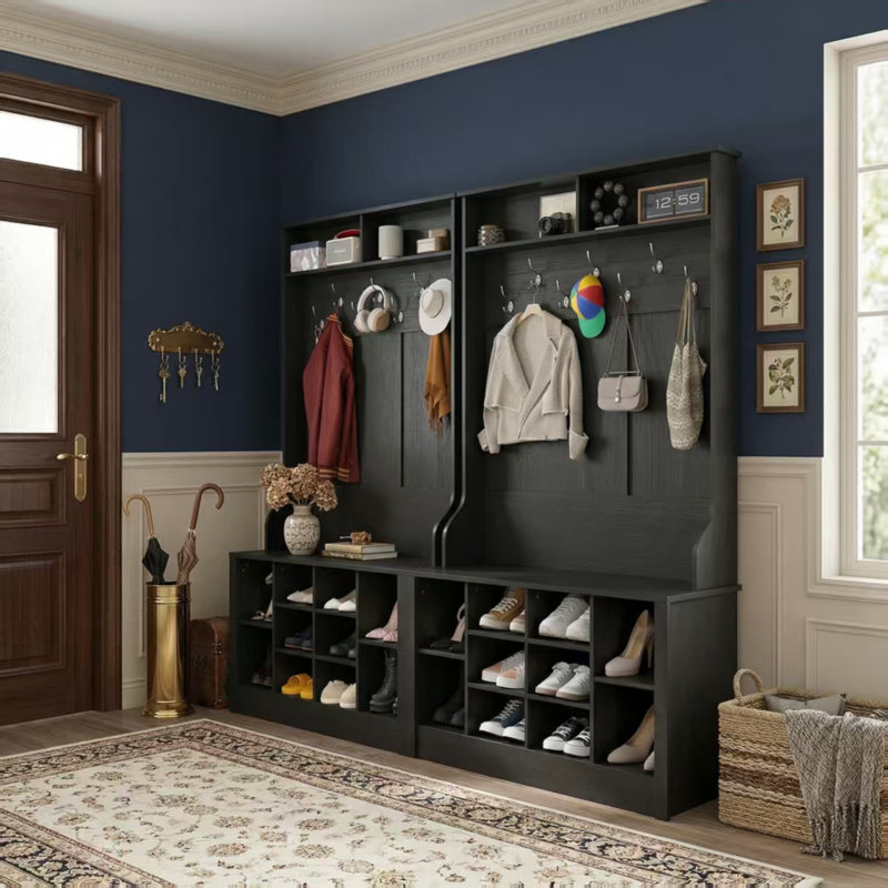 78.8” Wide Hall Tree with Hooks, Bench and Shoe Storage, Black