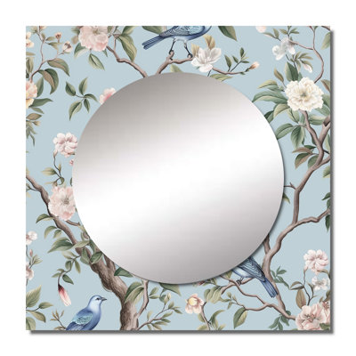 Alexender - Minimalism Bird On Flowers I Floral Square Living Room Wall Mirror Art