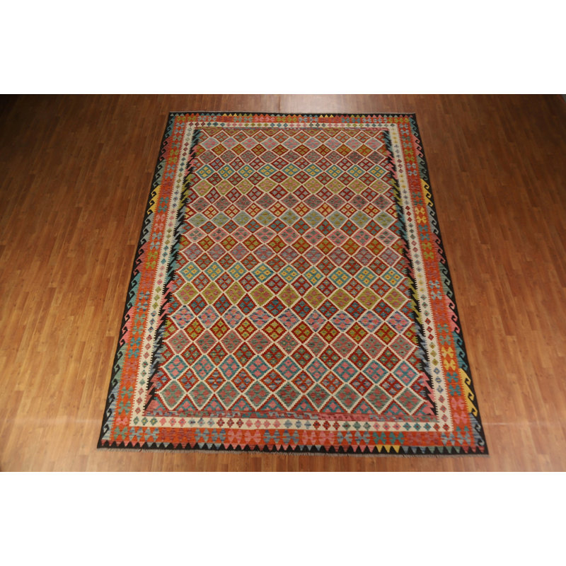 Tapis oriental en laine à motif géométrique treillis Kilim 10 x 13