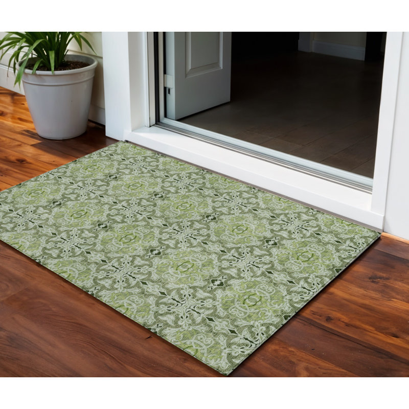 HomeRoots 3' X 5' Artichoke Green And Fern Green Medallion Washable Indoor Outdoor Area Rug