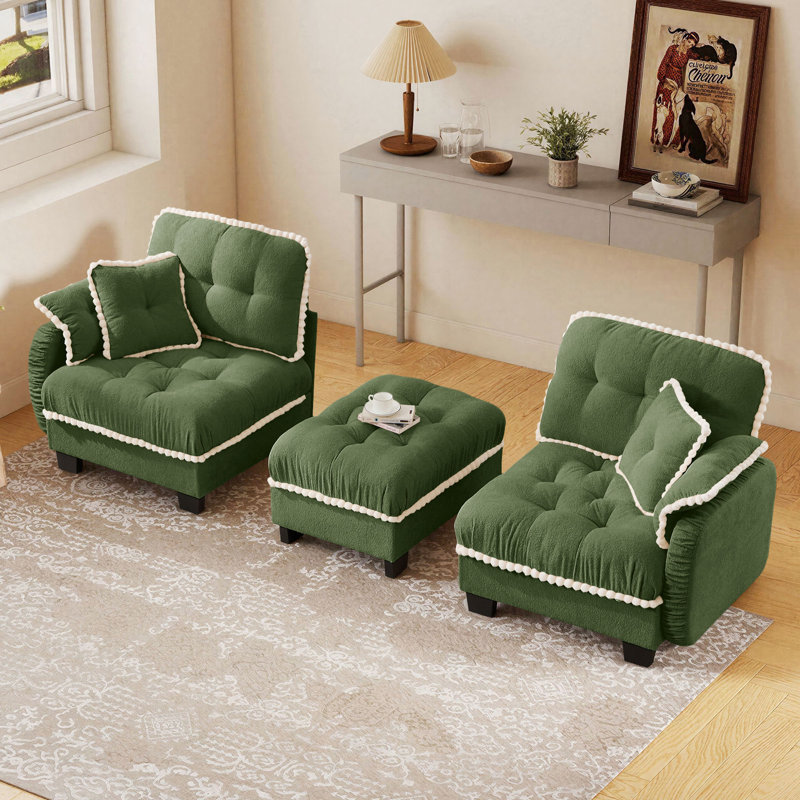 Canapé en chenille avec 4 coussins et garniture pompon avec repose-pieds Chenille, Green Chenille