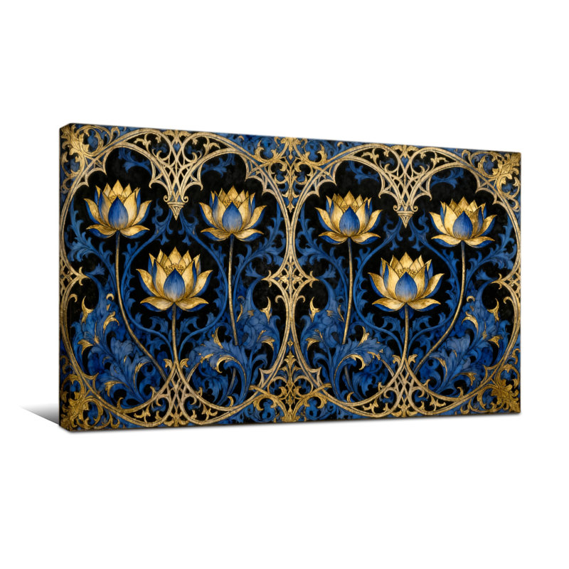 Plantes et fleurs de lotus sur fond fleuri, H 20 po x l 40 po