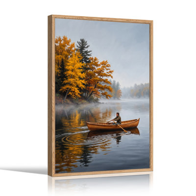 Man Rowing Wooden Canoe on Misty Lake with Golden Autumn Canvas Wall Art