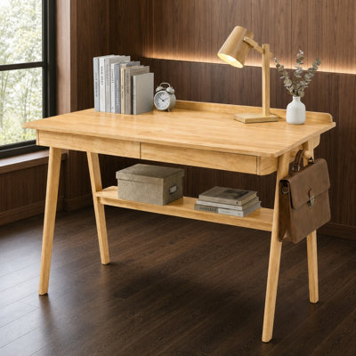 Bureau d'écriture en bois massif, bureau Mid-Century moderne avec 2 tiroirs et tablette de rangement, bureau debout avec crochets latéraux, poste de travail multifonctionnel