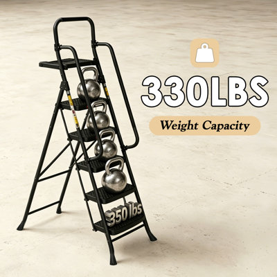 5 Step Ladder with Tool Tray and Handrails, Portable Steel Folding Stool with Wide Anti-Slip Pedal, Tool Platform, Sturdy Steel Ladder, Black