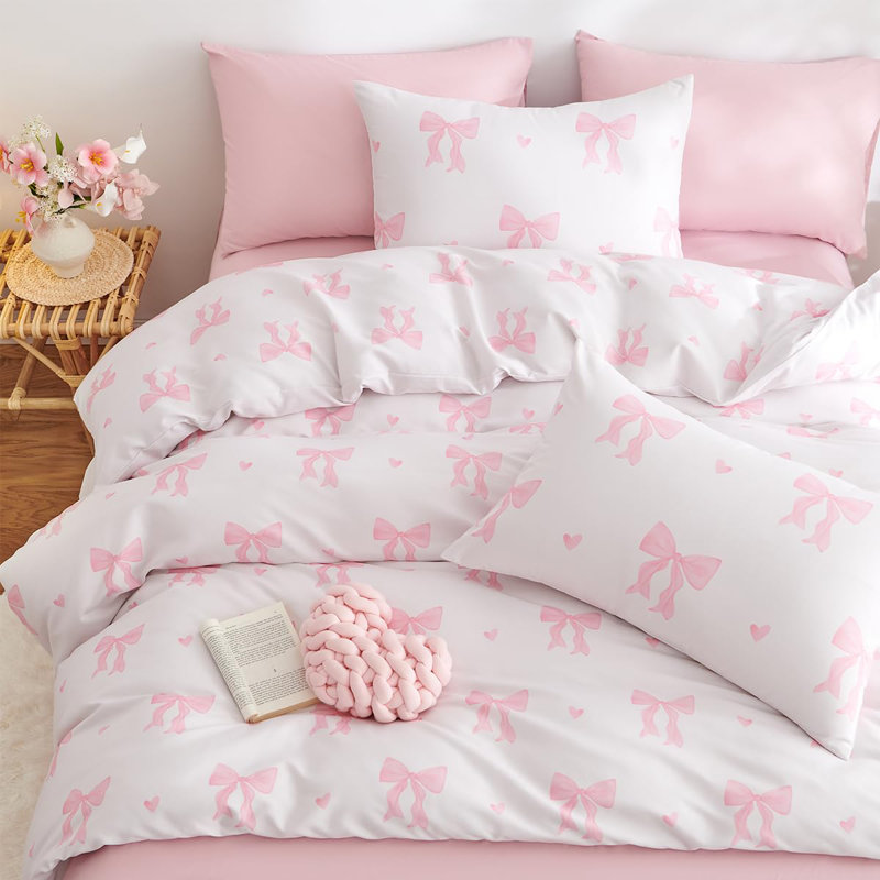 Pink Bow Heart Comforter Set Fantasy Coquette Bowknot Bedding Trendy Pink Bow Bed Sets For Preppy Princess Fashion Modern Aesthetic Girly Cute Quilt Set