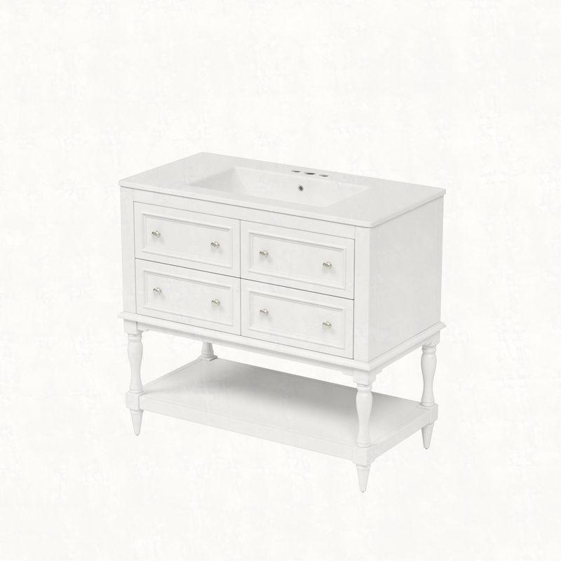 Ensemble de meuble-lavabo 36 po avec lavabo 36 po, lavabo en céramique encastré, ensemble de meuble-lavabo autoportant avec 4 tiroirs, armoire de salle de bain avec cadre en bois massif
