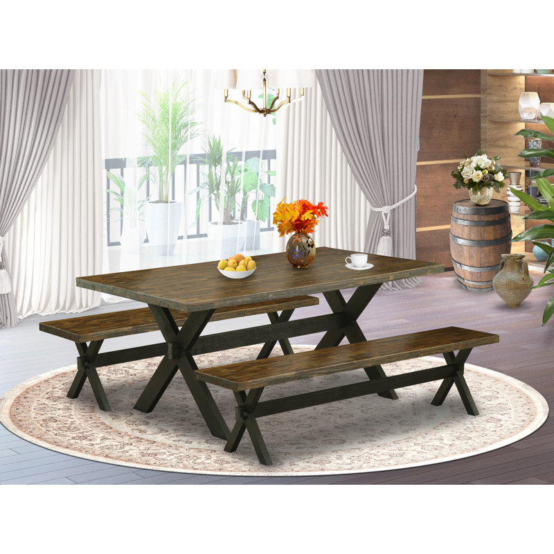 L'ensemble de table de salle à manger 3 pièces comprend une table de cuisine rectangulaire avec pieds en X et 2 bancs de salle à manger, finition noire brossée