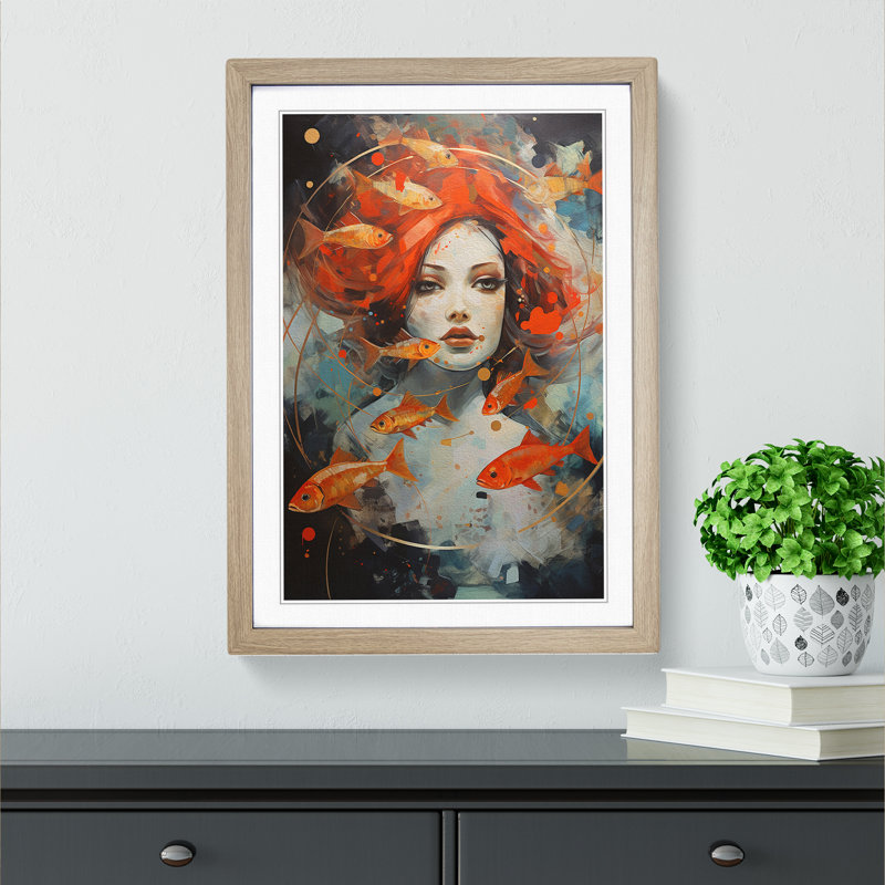 Pisces Zodiac Expressionism - Single Picture Frame Print on Wood, Oak Framed, 34cm H x 25cm W x 2cm D