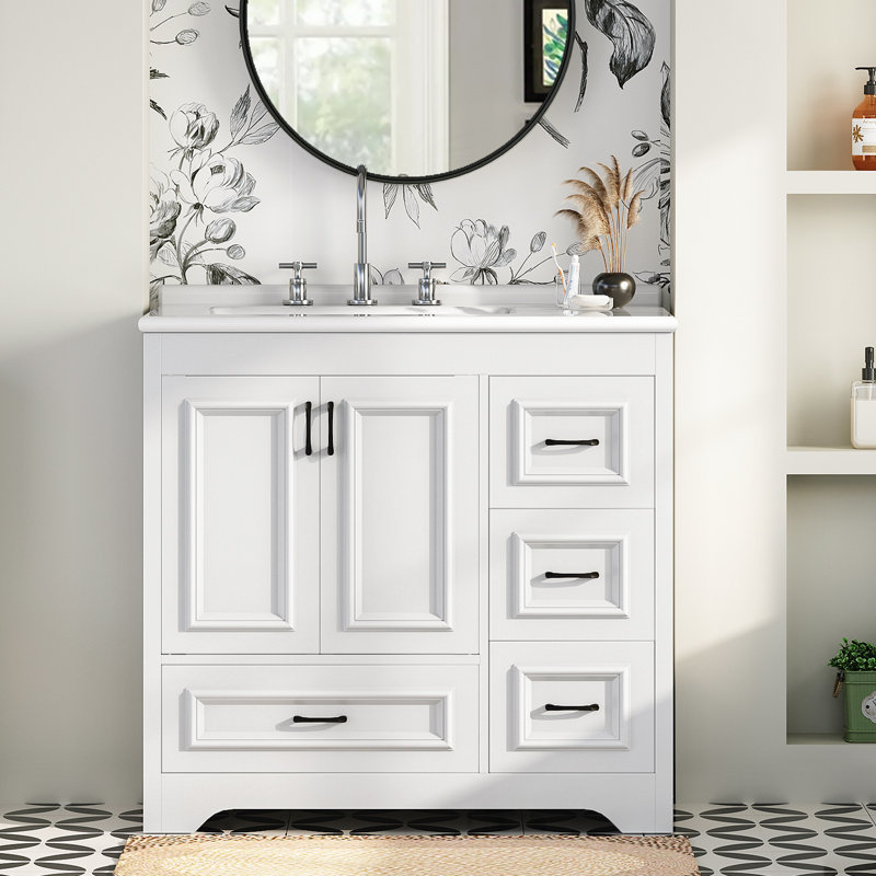 Meuble-lavabo moderne simple avec plateau en céramique, tiroirs et armoire