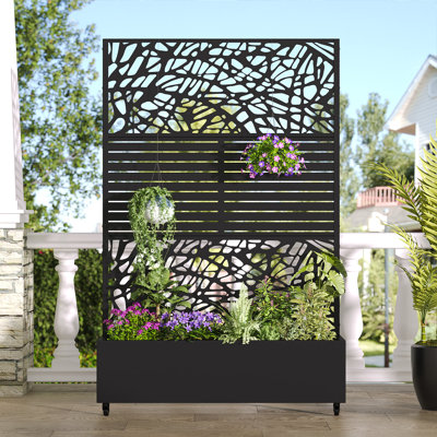 Two-tone Outdoor Freestanding Raised Garden Bed with Privacy Screen Metal Planter Box with Trellis for Climbing Plant Vegetable Vines Room Divider with Wheels for Balcony Porch Yard