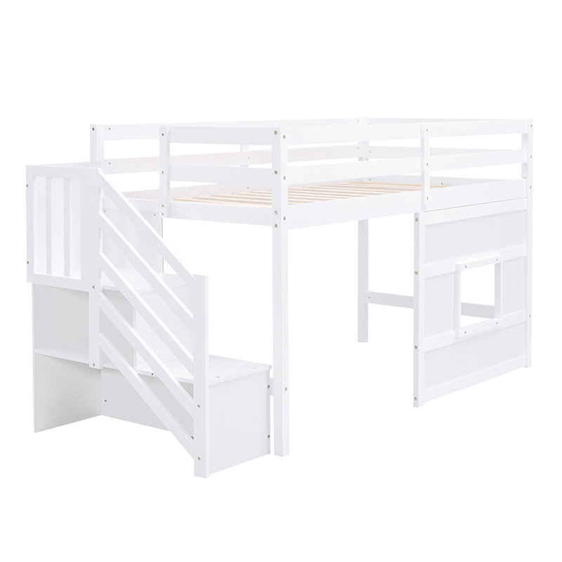 Hanzelin Twin Size Loft Bed with Storage Staircase and Window, White