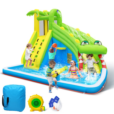 Culaluva Inflatable Water Slide: Blow up Bounce House Water Park for Kids 3-12 - Splash Pool Water Cannon Climbing Wall Basketball Rim - for Backyard Outdoor Birthday Party, Crocodile Style